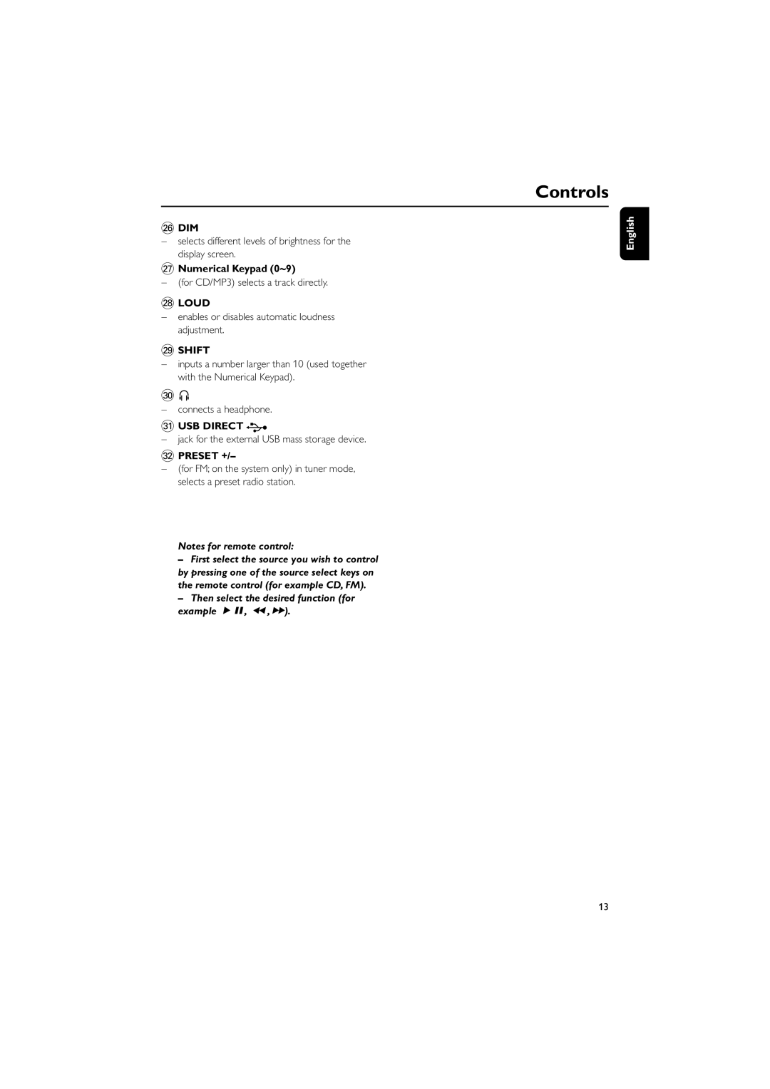 Philips MCM710 user manual Controls, ≥ Numerical Keypad 0~9, Shift, ¤ Preset + 