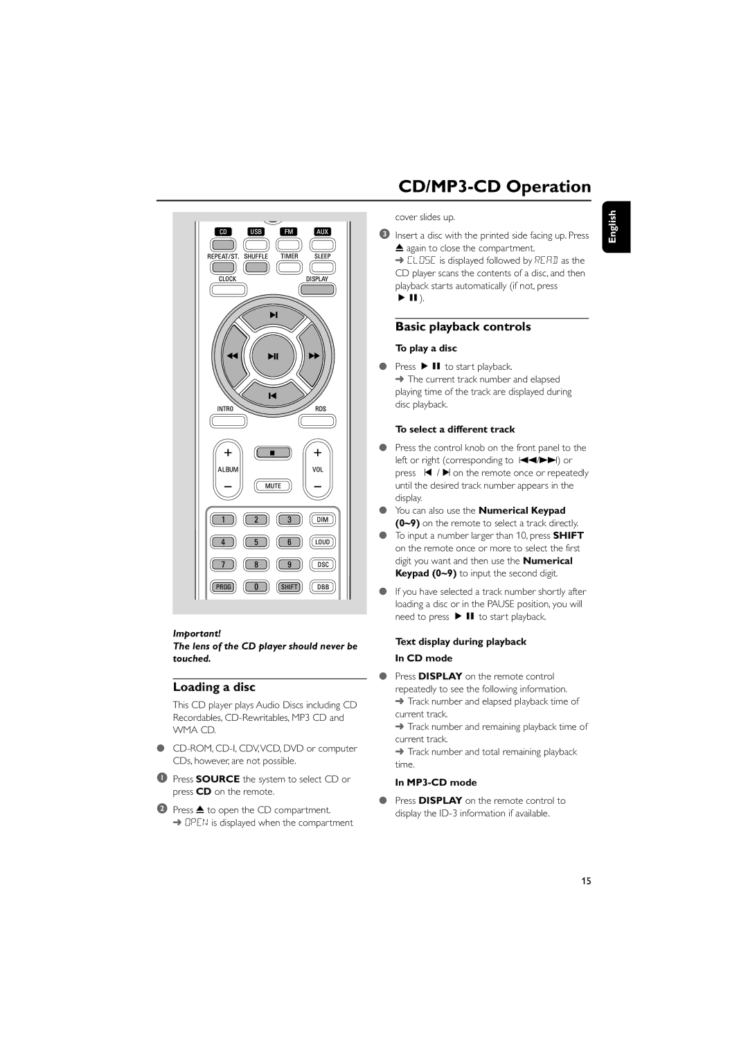 Philips MCM710 user manual CD/MP3-CD Operation, Loading a disc, Basic playback controls 