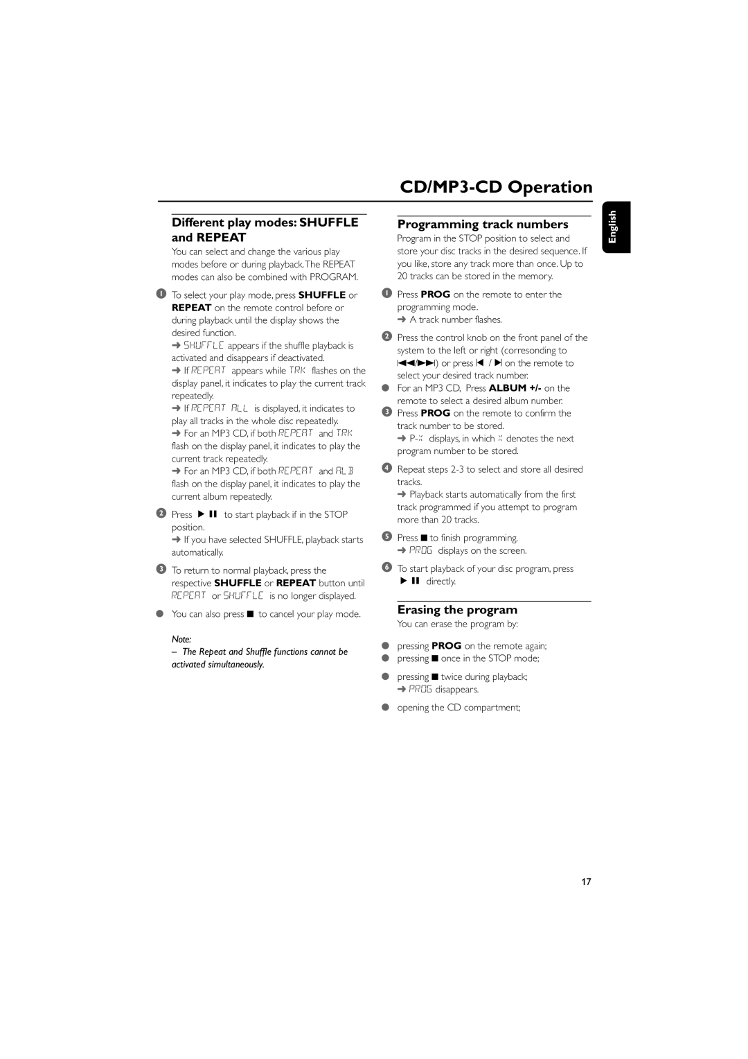 Philips MCM710 user manual Different play modes Shuffle and Repeat, Programming track numbers, Erasing the program 