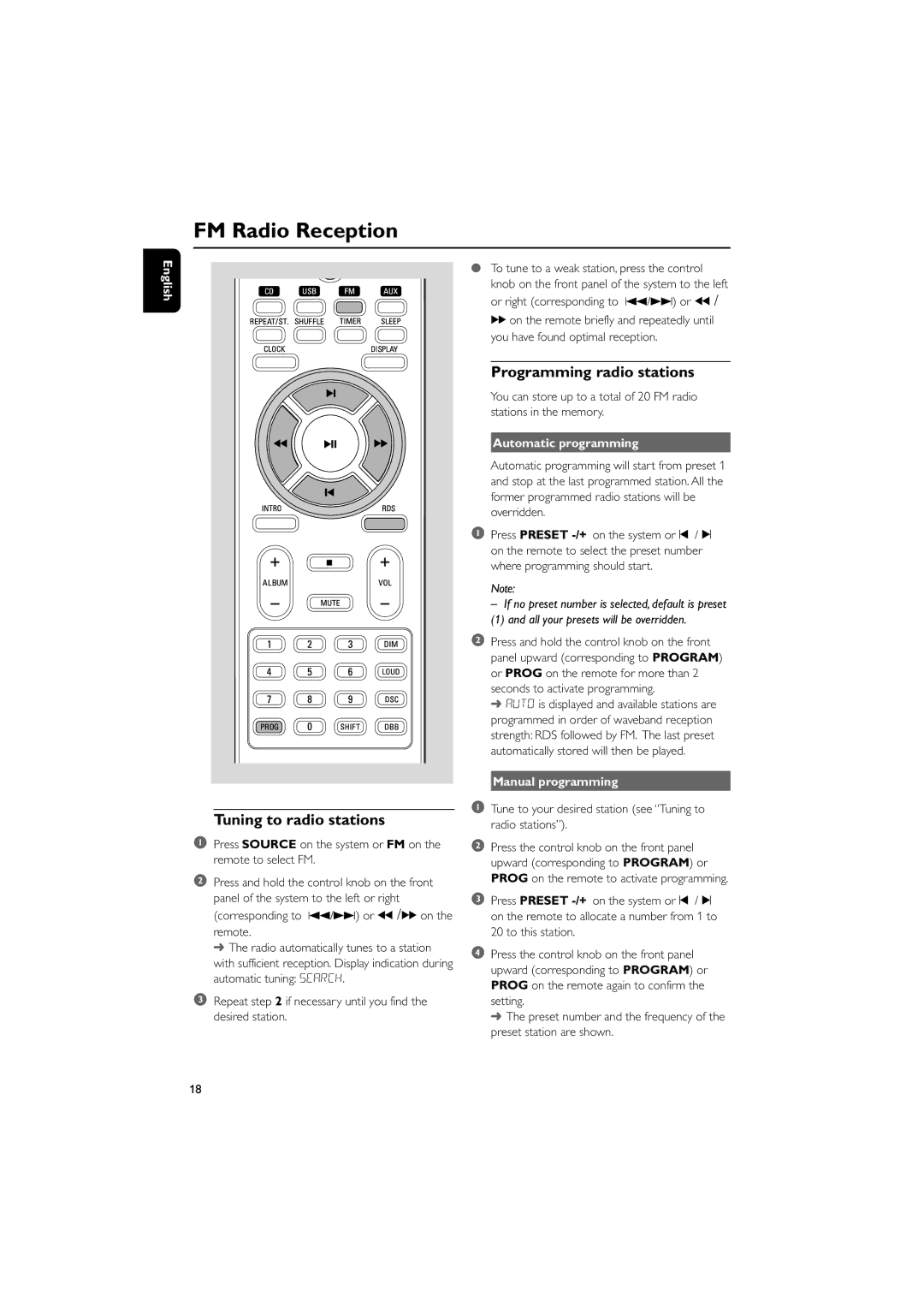 Philips MCM710 user manual FM Radio Reception, Tuning to radio stations, Programming radio stations 