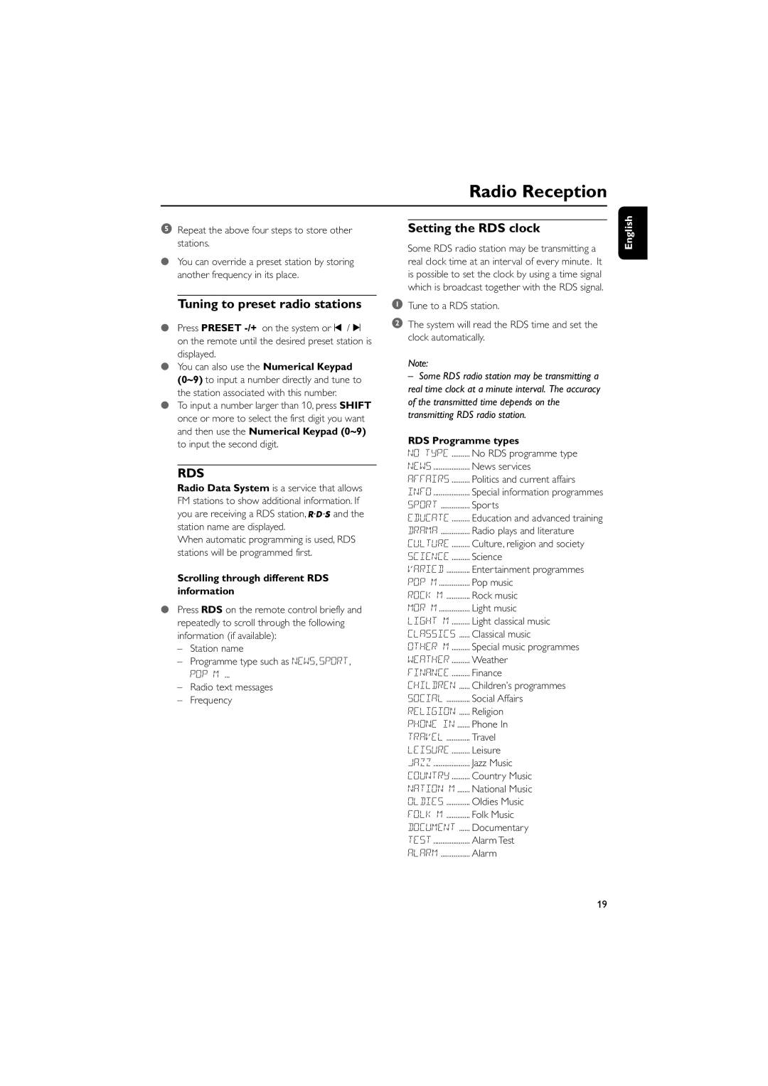 Philips MCM710 user manual Radio Reception, Tuning to preset radio stations, Setting the RDS clock, RDS Programme types 