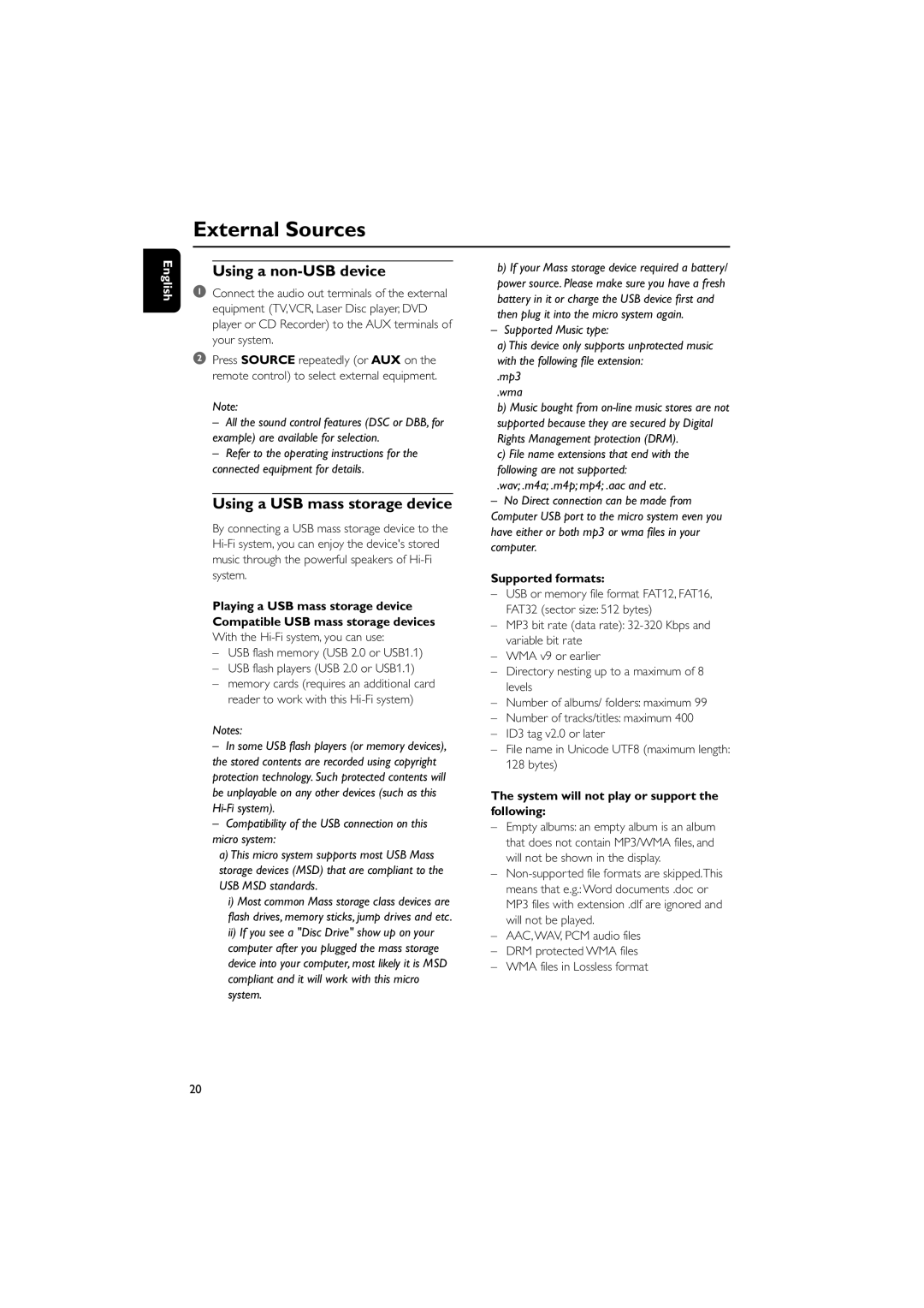 Philips MCM710 user manual External Sources, Using a non-USB device, Using a USB mass storage device, Supported formats 