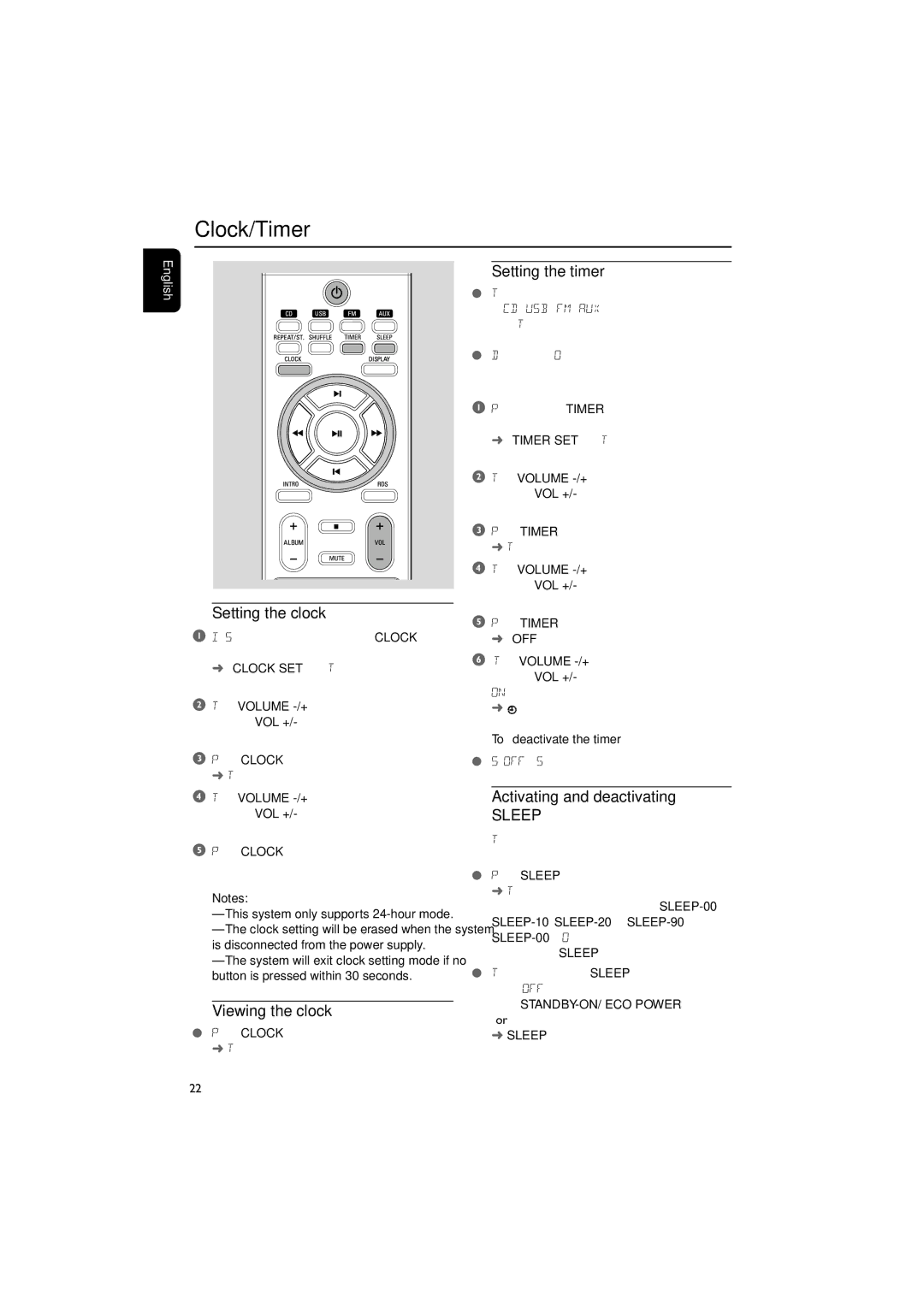 Philips MCM710 Clock/Timer, Setting the clock, Viewing the clock, Setting the timer, Activating and deactivating 