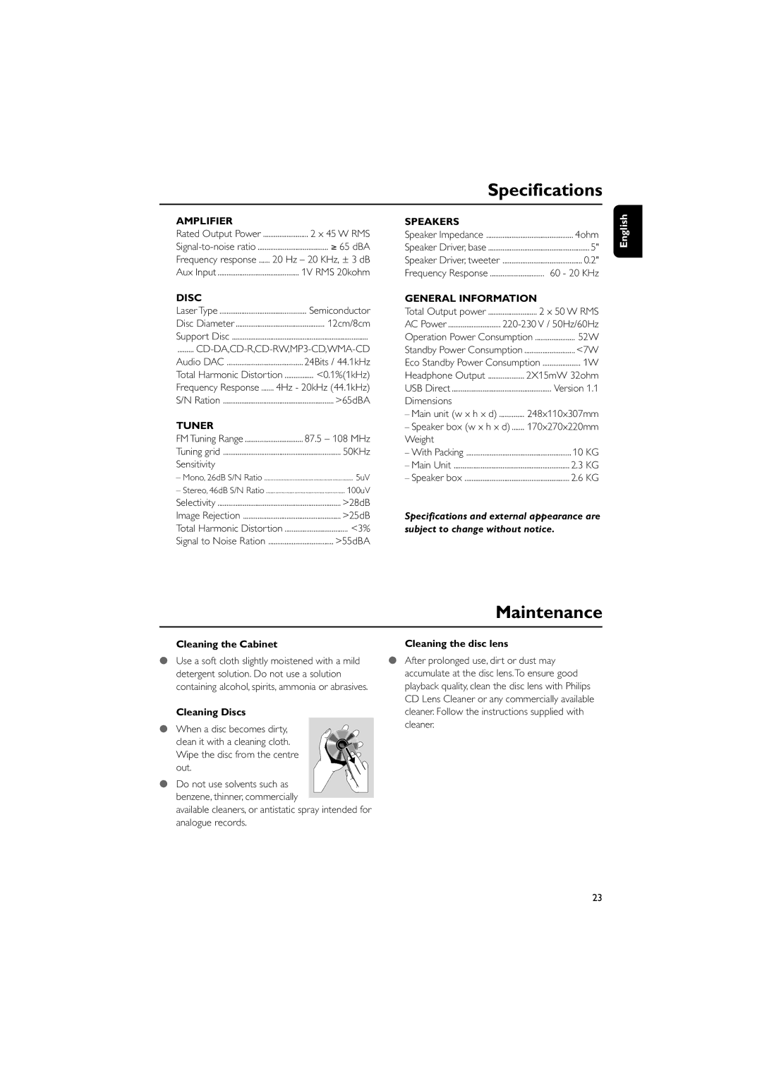 Philips MCM710 user manual Specifications, Cleaning the Cabinet Cleaning the disc lens, Cleaning Discs 