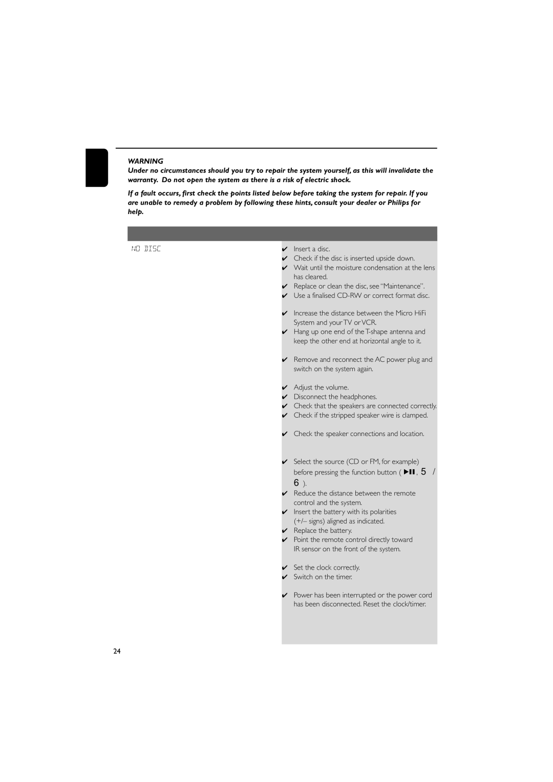 Philips MCM710 user manual Troubleshooting, Replace the battery, Set the clock correctly Switch on the timer 