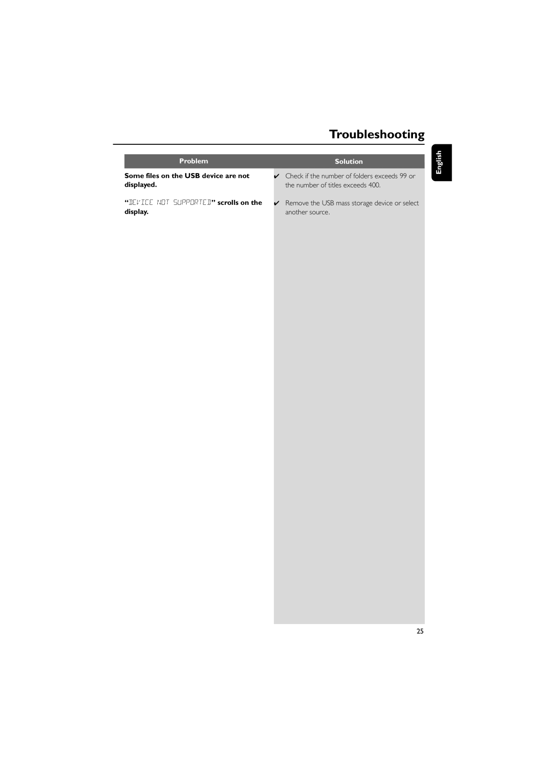 Philips MCM710 user manual Some files on the USB device are not displayed, Device not Supported scrolls on, Display 