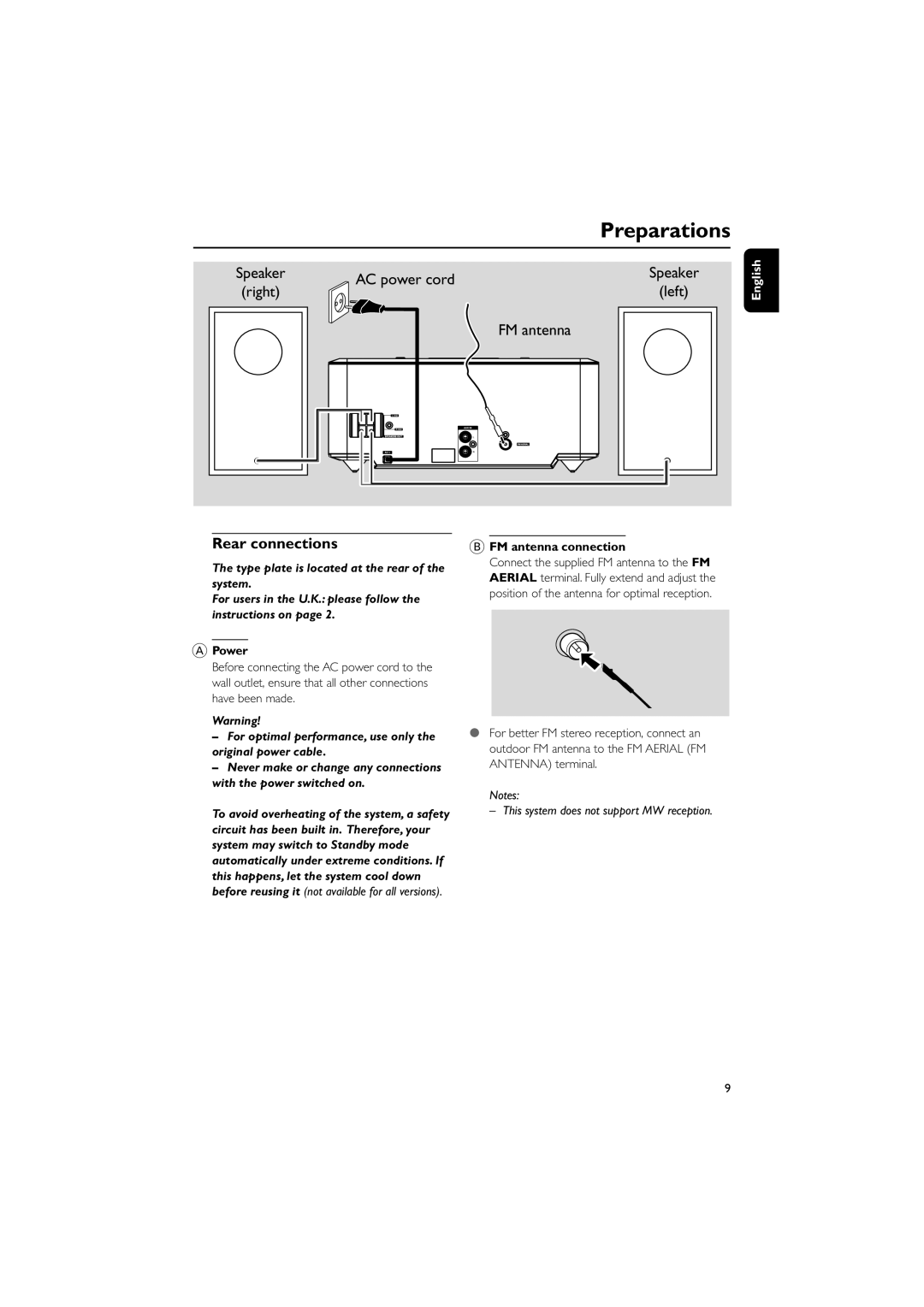 Philips MCM710 Rear connections, Speaker, Power, FM antenna connection, This system does not support MW reception 