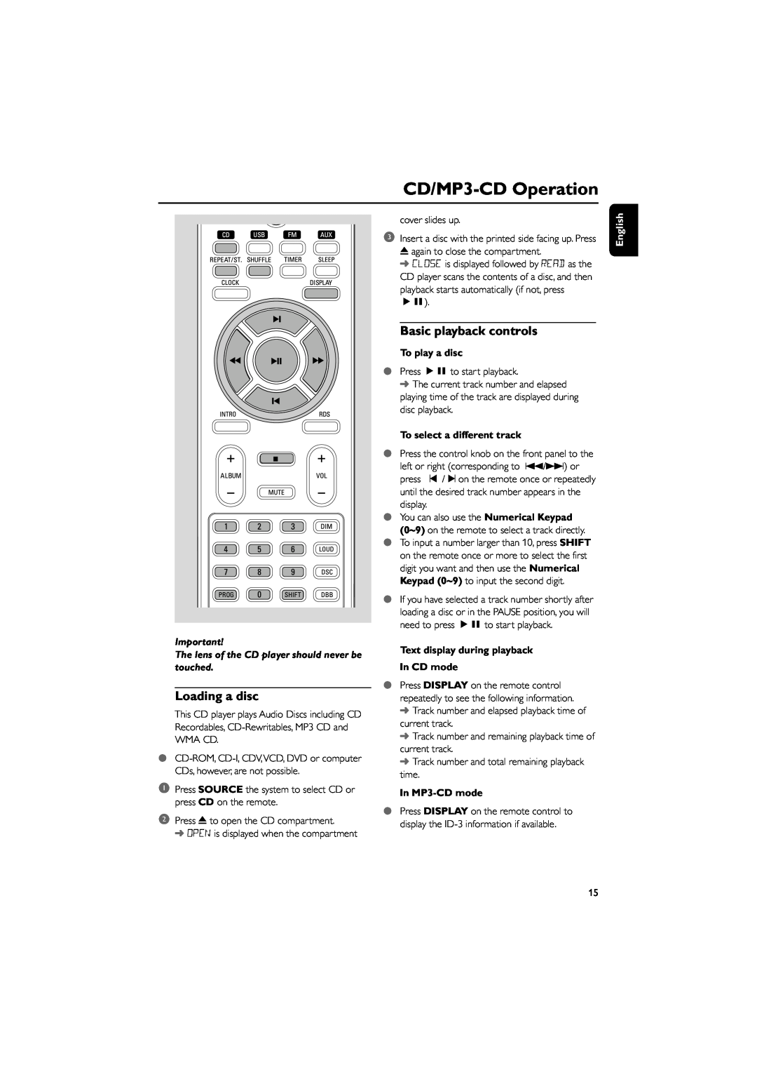 Philips MCM710 CD/MP3-CDOperation, Loading a disc, Basic playback controls, To play a disc, To select a different track 