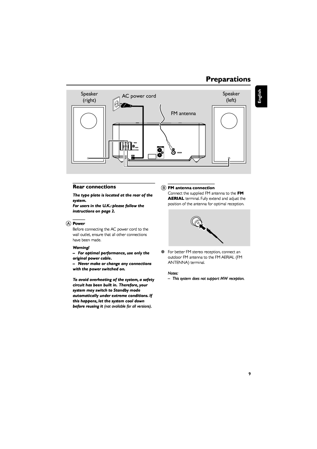 Philips MCM710 user manual Preparations, AC power cord, right, left, FM antenna, Rear connections, English, APower 