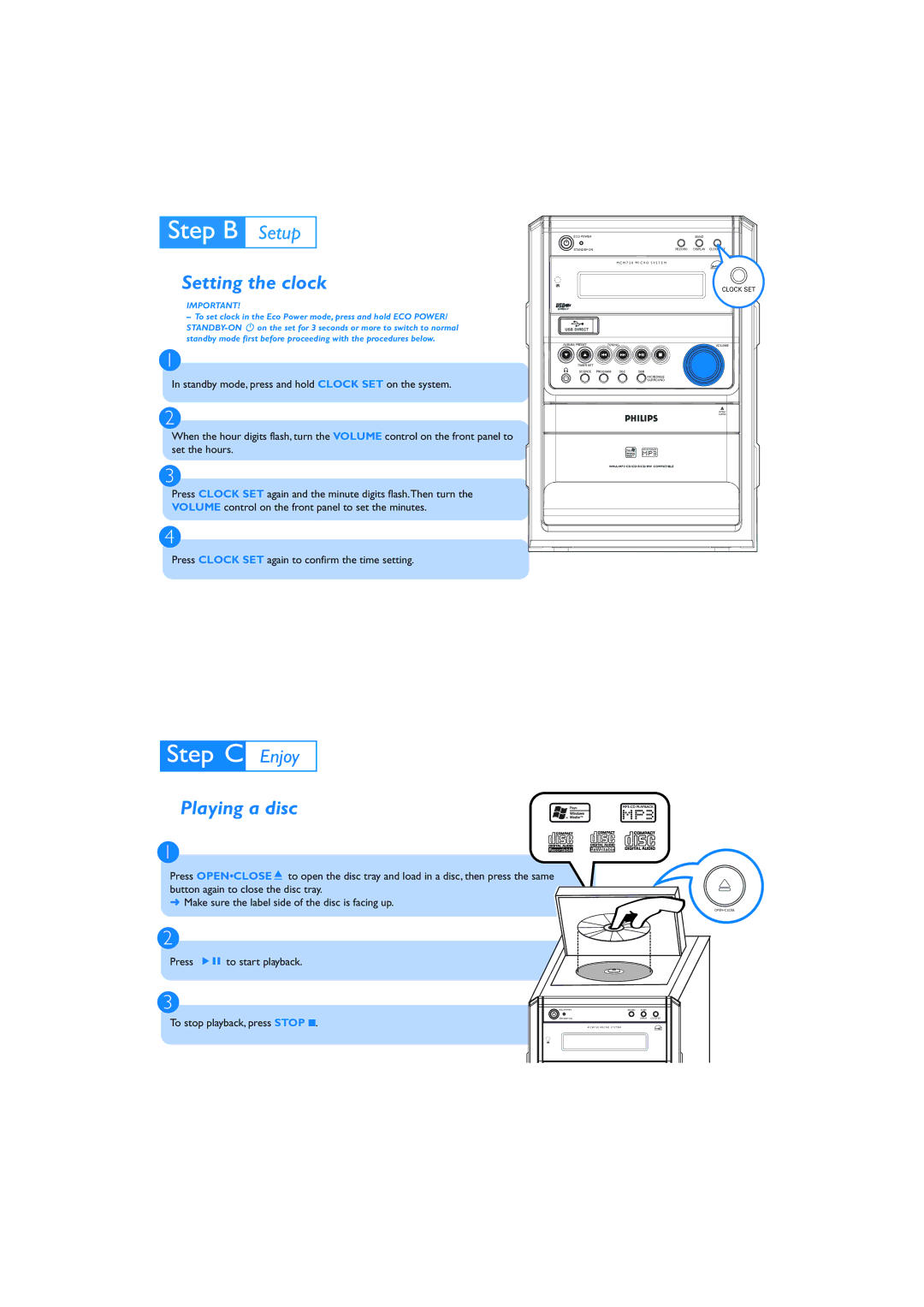 Philips MCM720 quick start Setting the clock, Playing a disc 