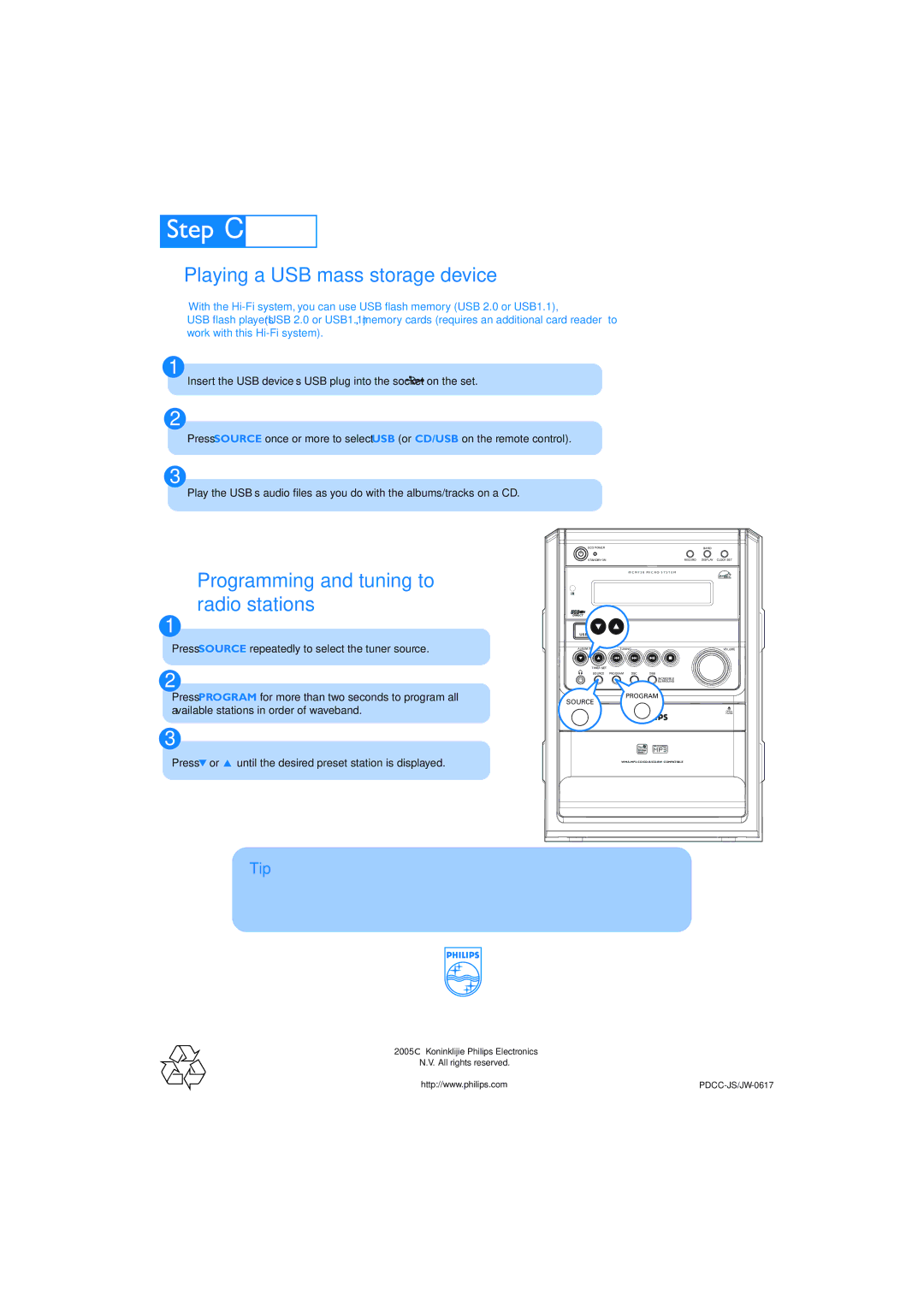 Philips MCM720 quick start Playing a USB mass storage device, Programming and tuning to radio stations 