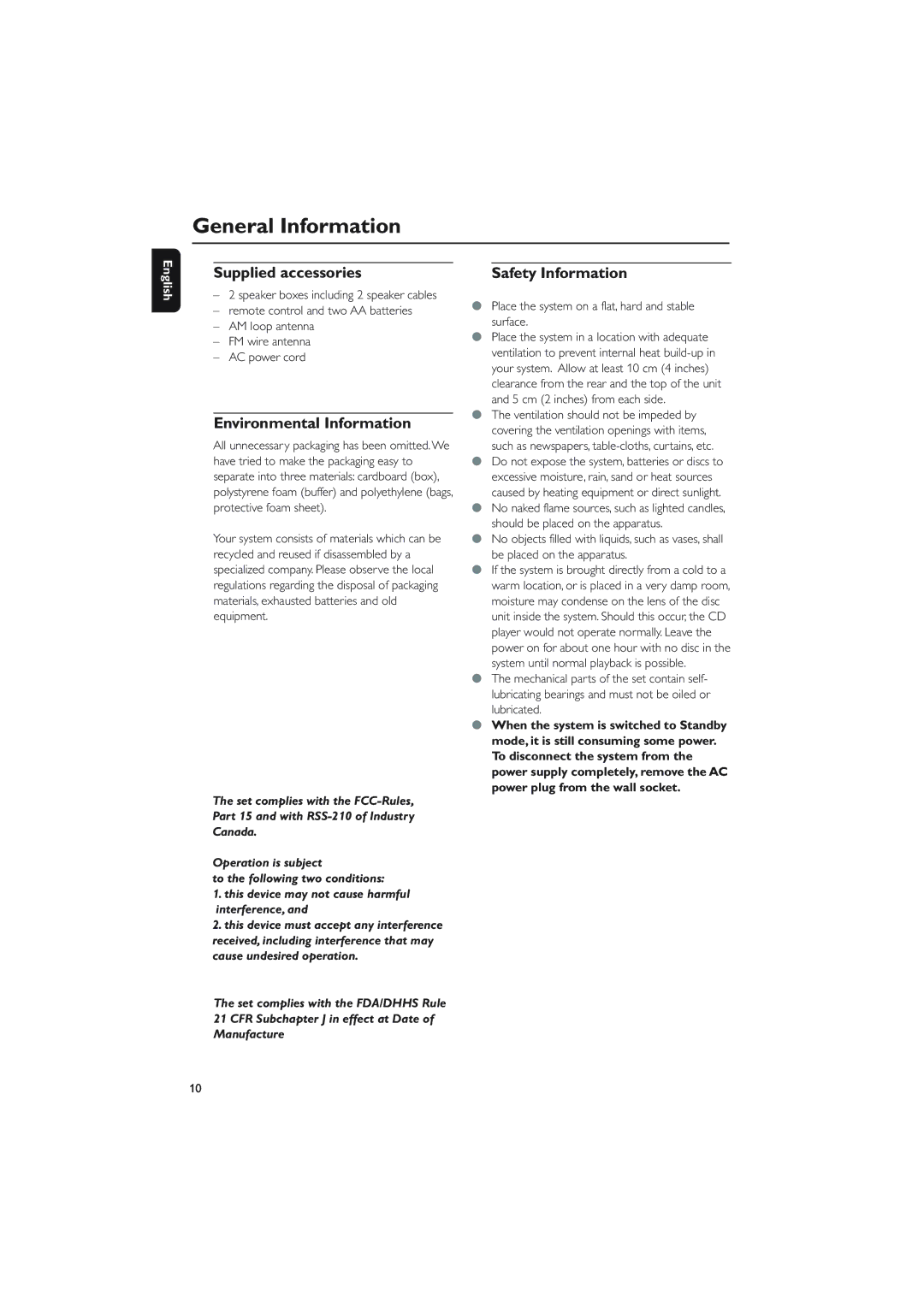 Philips MCM760 owner manual General Information, Supplied accessories, Environmental Information, Safety Information 