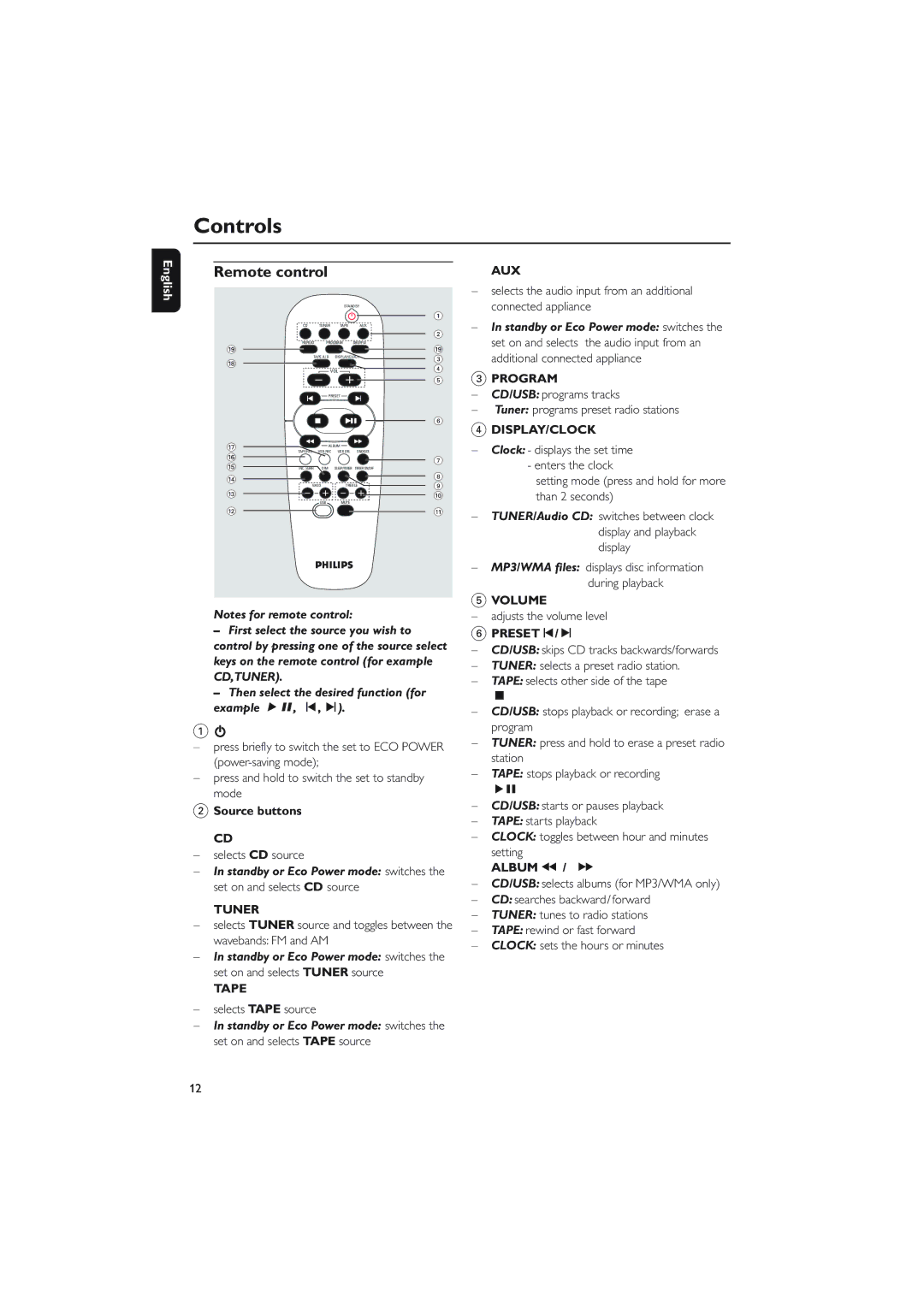 Philips MCM760 owner manual Remote control, Selects Tape source, PRESETí/ë, Album à / á 