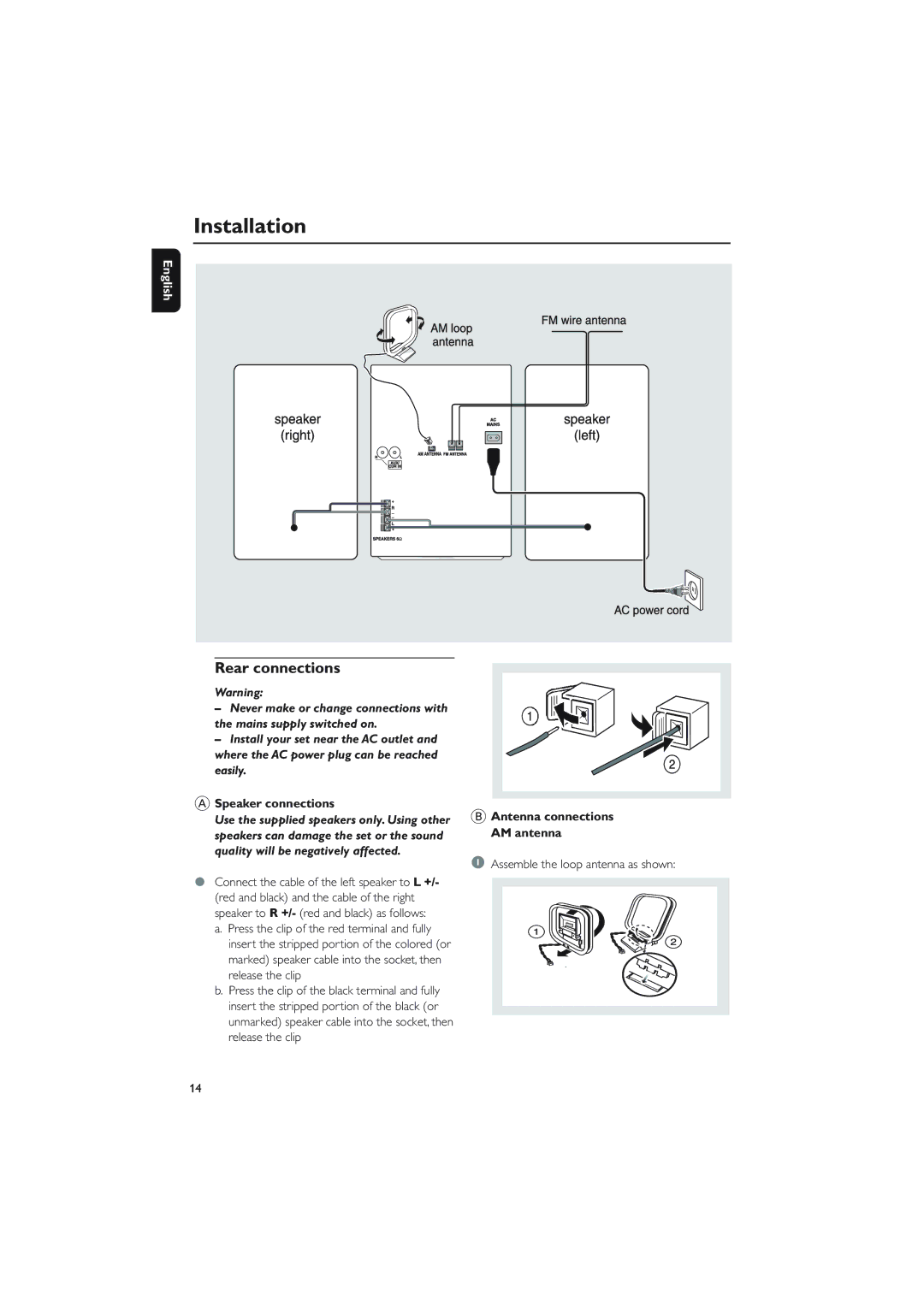 Philips MCM760 owner manual Installation, Rear connections, Speaker connections, Assemble the loop antenna as shown 