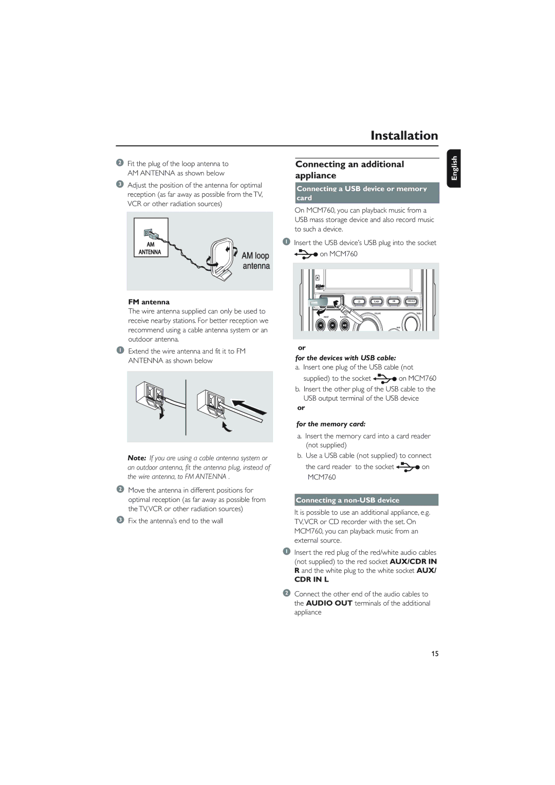 Philips MCM760 owner manual Connecting an additional appliance, FM antenna, Connecting a USB device or memory Card 