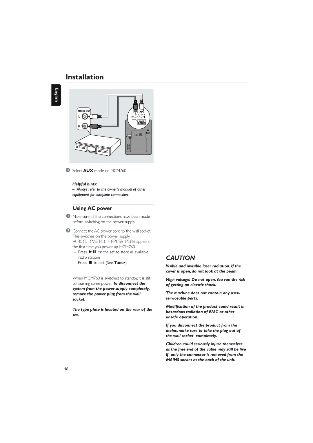 Philips owner manual Using AC power, Select AUX mode on MCM760 