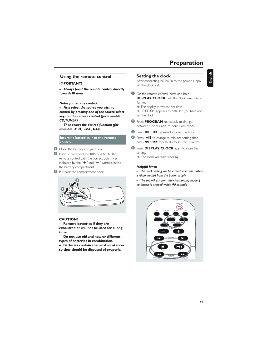 Philips MCM760 Preparation, Using the remote control, Setting the clock, Inserting batteries into the remote Control 