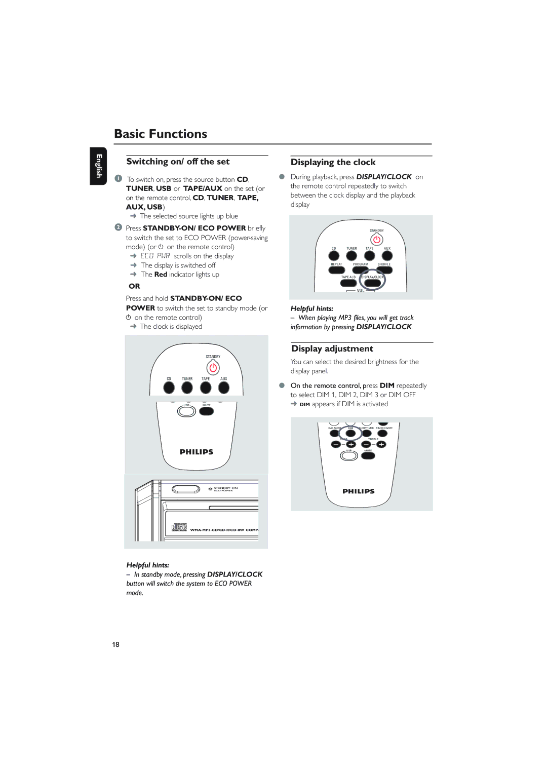 Philips MCM760 owner manual Basic Functions, Switching on/ off the set, Displaying the clock, Display adjustment 