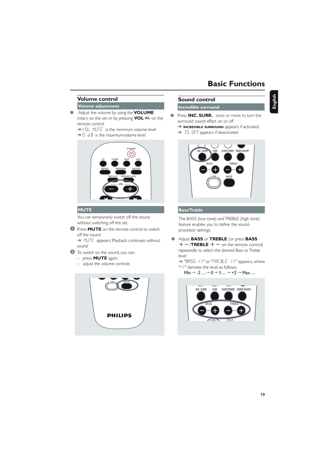 Philips MCM760 owner manual Volume control Sound control, Volume adjustment, Bass/Treble 