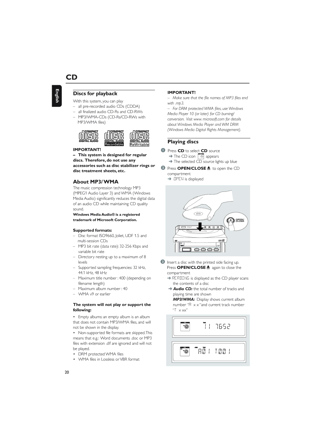 Philips MCM760 owner manual Discs for playback, About MP3/ WMA, Playing discs, CD icon 