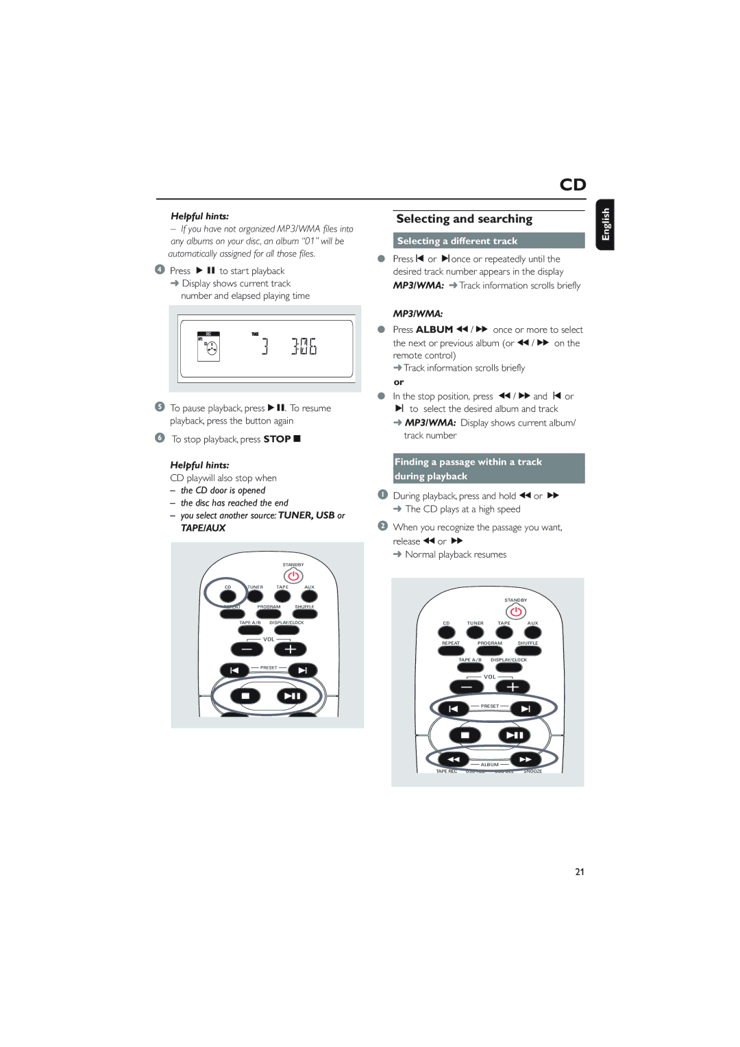 Philips MCM760 Selecting and searching, Selecting a different track, Finding a passage within a track During playback 