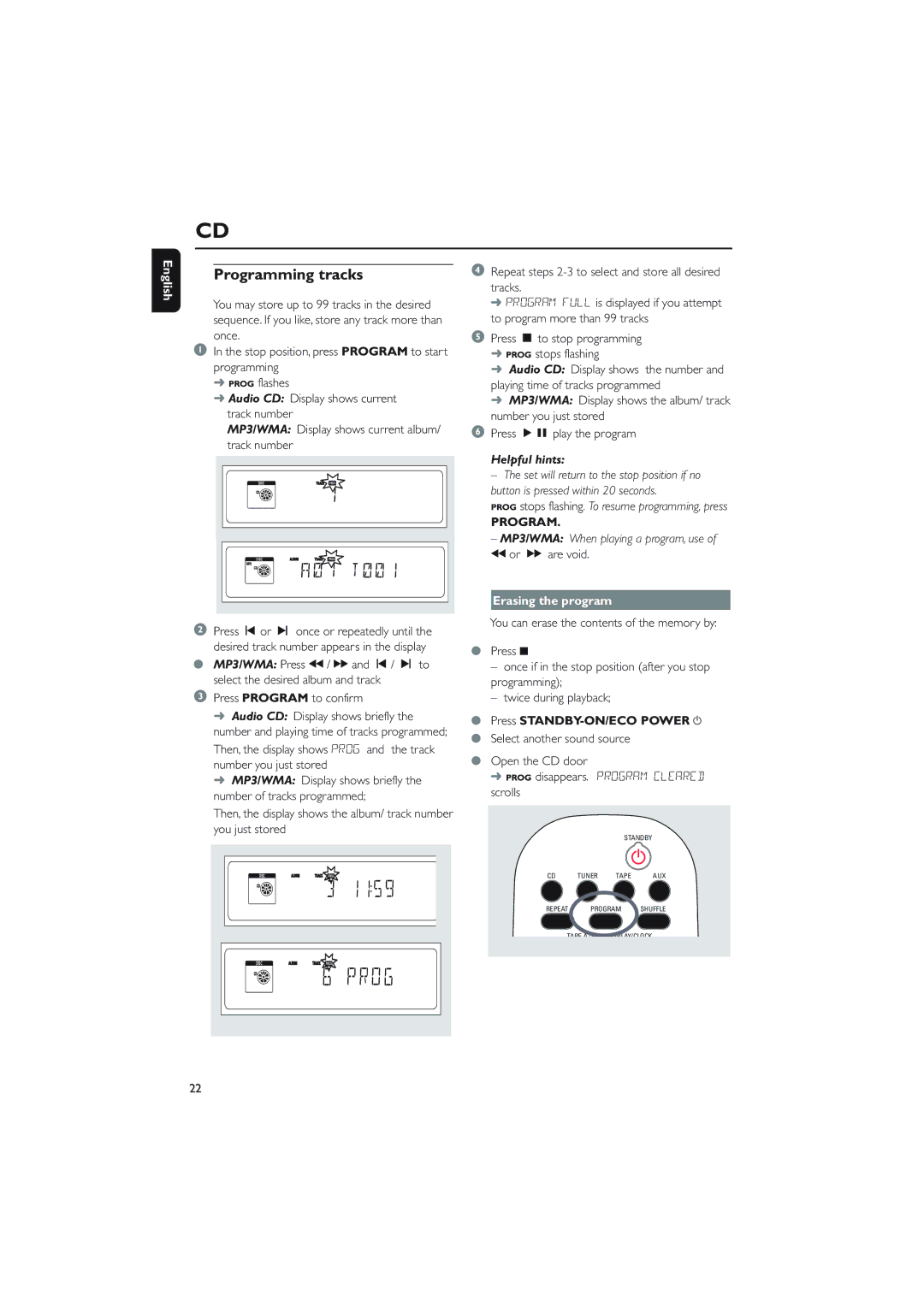 Philips MCM760 owner manual Programming tracks, Or á are void, Erasing the program, Press STANDBY-ON/ECO Power y 