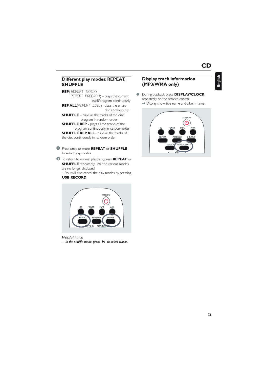 Philips MCM760 owner manual Different play modes Repeat Display track information, MP3/WMA only 