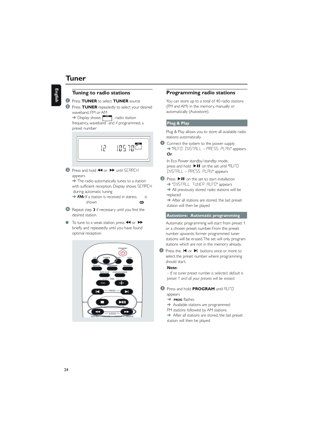 Philips MCM760 Tuner, Tuning to radio stations, Programming radio stations, Plug & Play, Autostore Automatic programming 