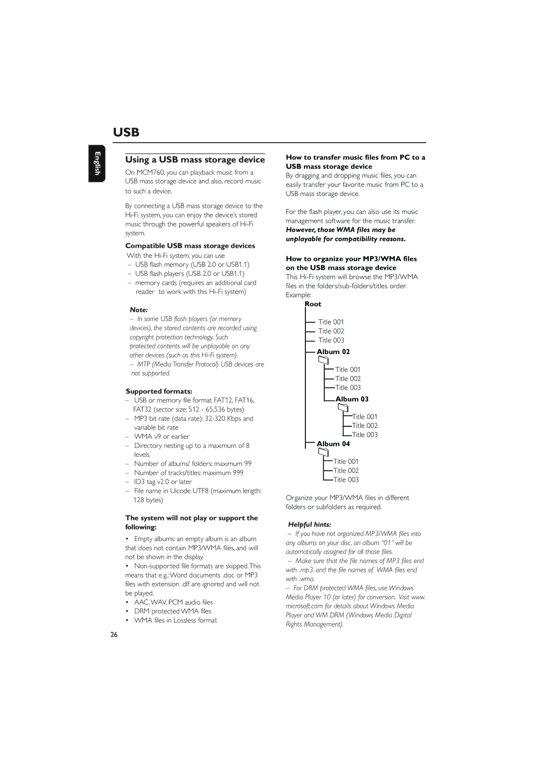 Philips MCM760 owner manual Using a USB mass storage device, Compatible USB mass storage devices, Root, Title, Album 