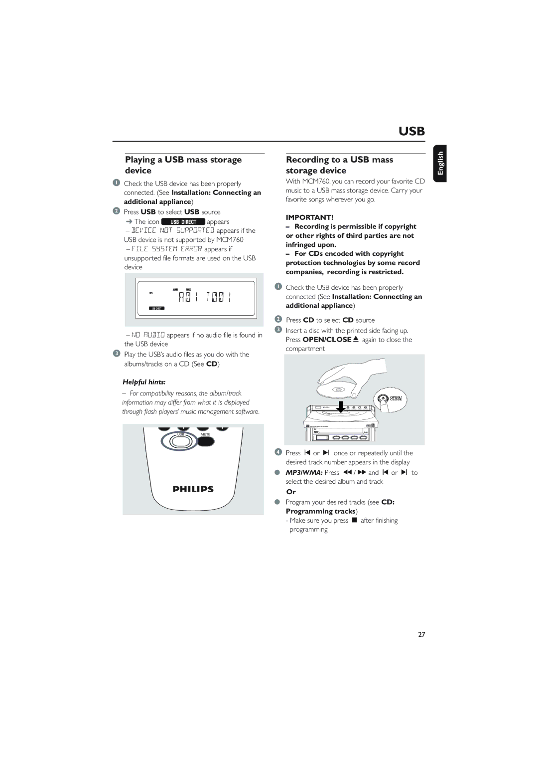 Philips MCM760 owner manual Playing a USB mass storage device, Recording to a USB mass storage device, Compartment 