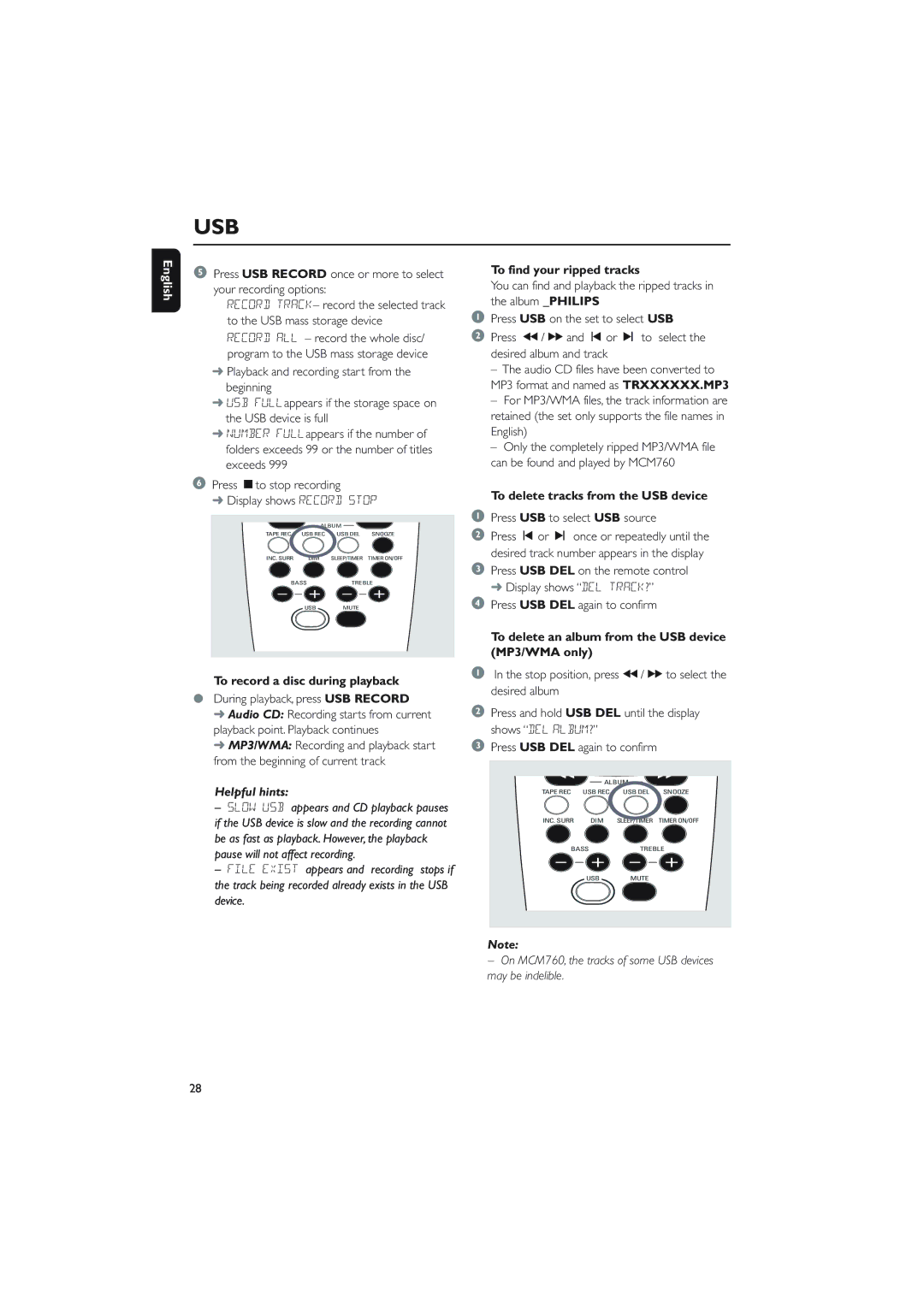 Philips MCM760 To record a disc during playback, To find your ripped tracks, To delete tracks from the USB device 