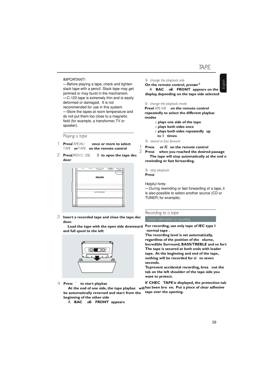 Philips MCM760 owner manual Playing a tape, Recording to a tape, General information on recording 