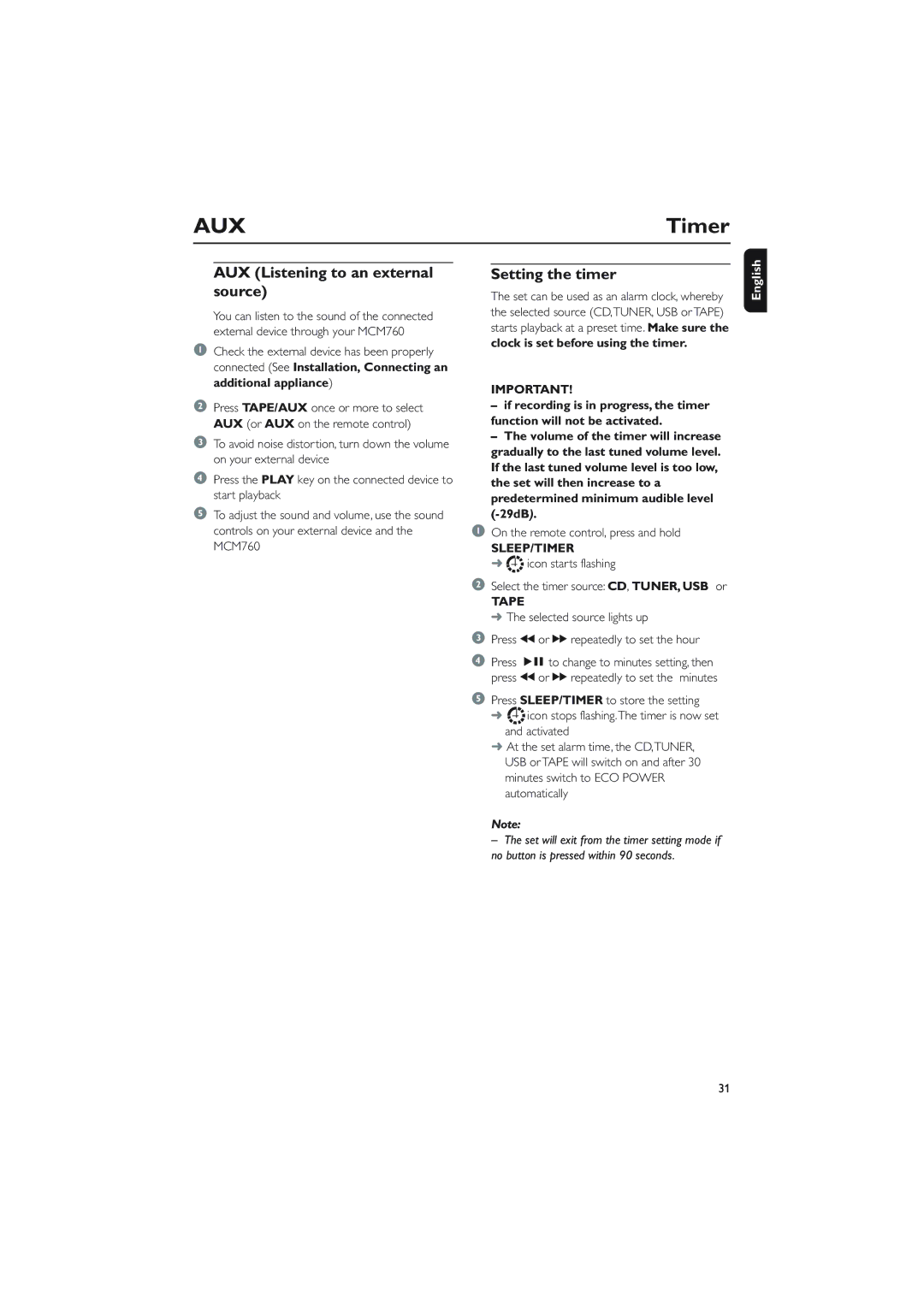 Philips MCM760 Timer, AUX Listening to an external source, Setting the timer, On the remote control, press and hold 