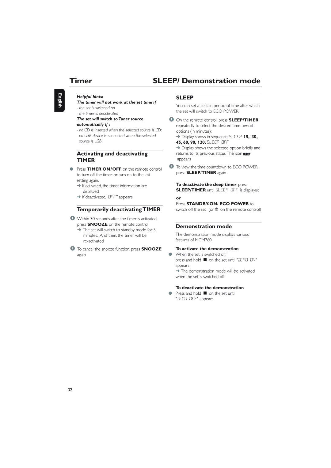 Philips MCM760 owner manual Activating and deactivating, Temporarily deactivating Timer, To activate the demonstration 