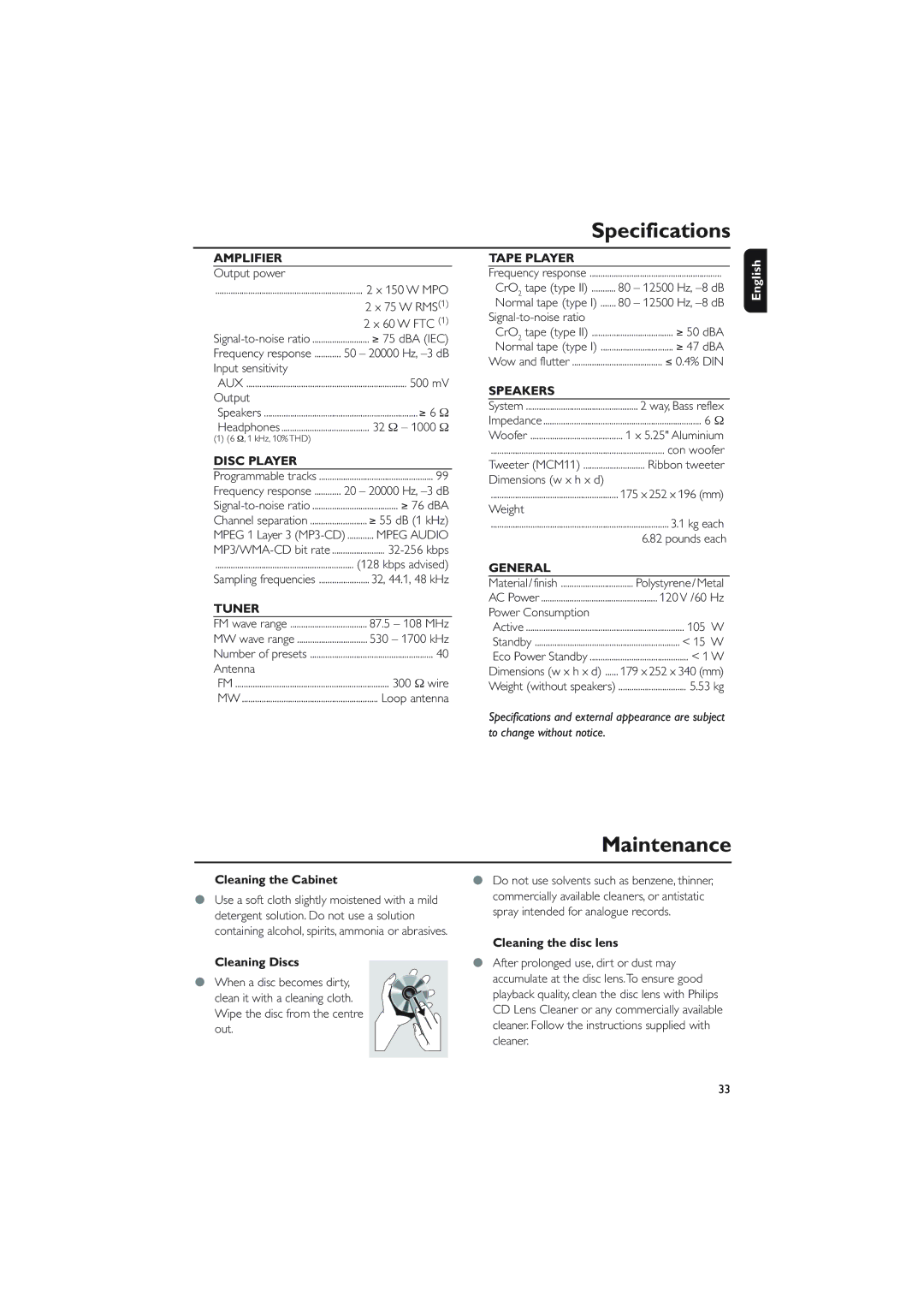 Philips MCM760 owner manual Specifications, Cleaning the Cabinet, Cleaning the disc lens, Cleaning Discs 