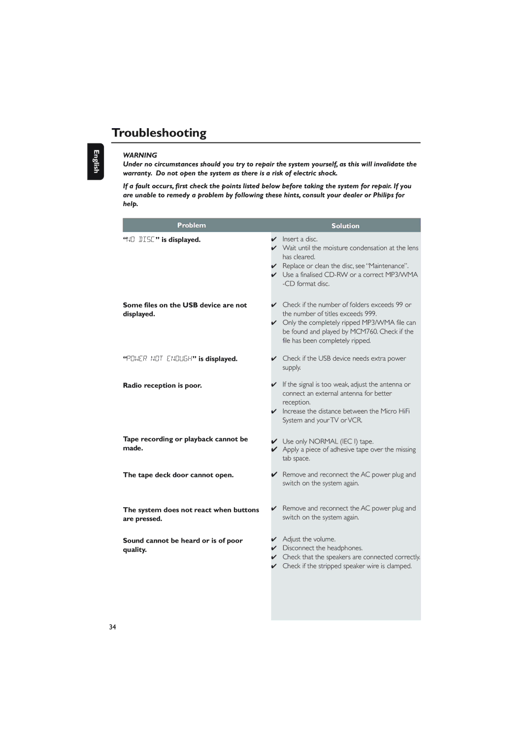 Philips MCM760 owner manual Troubleshooting, Problem, Solution, Check if the stripped speaker wire is clamped 