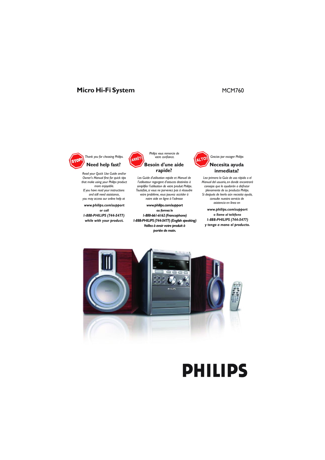 Philips MCM760 owner manual Micro Hi-FiSystem, Necesita ayuda inmediata?, votre confiance, or call, Philips, ou formez le 