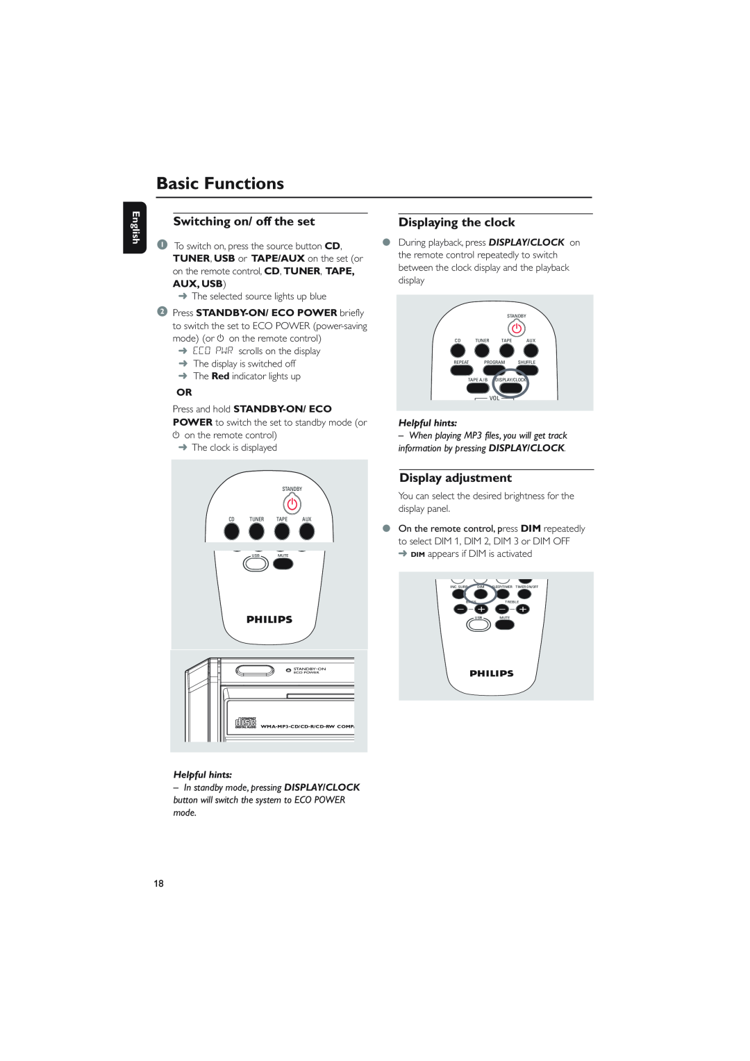 Philips MCM760 owner manual Basic Functions, Switching on/ off the set, Displaying the clock, Display adjustment, English 