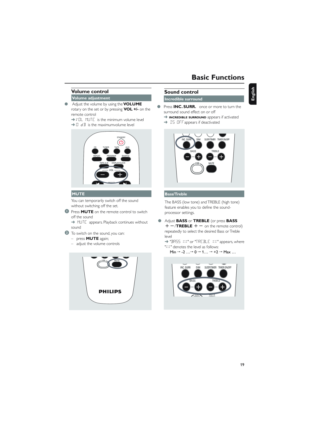 Philips MCM760 owner manual Basic Functions, Volume adjustment, English, Mute, Bass/Treble 