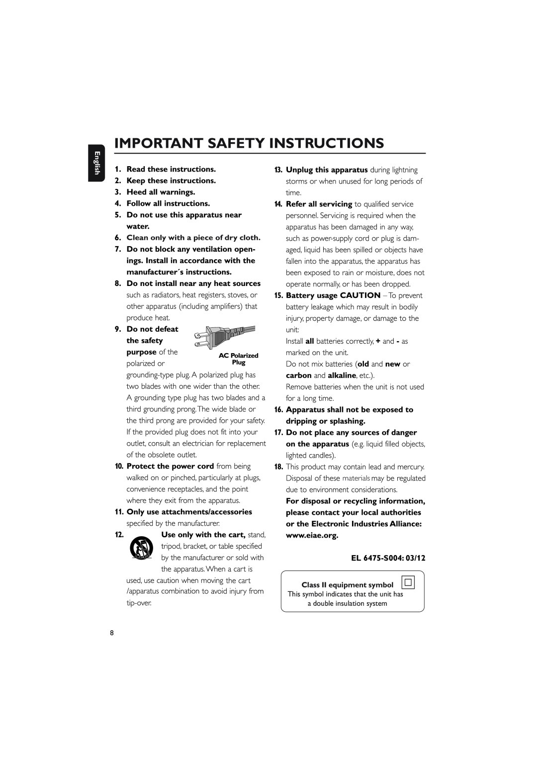 Philips MCM760 Important Safety Instructions, English, Clean only with a piece of dry cloth, Class II equipment symbol 
