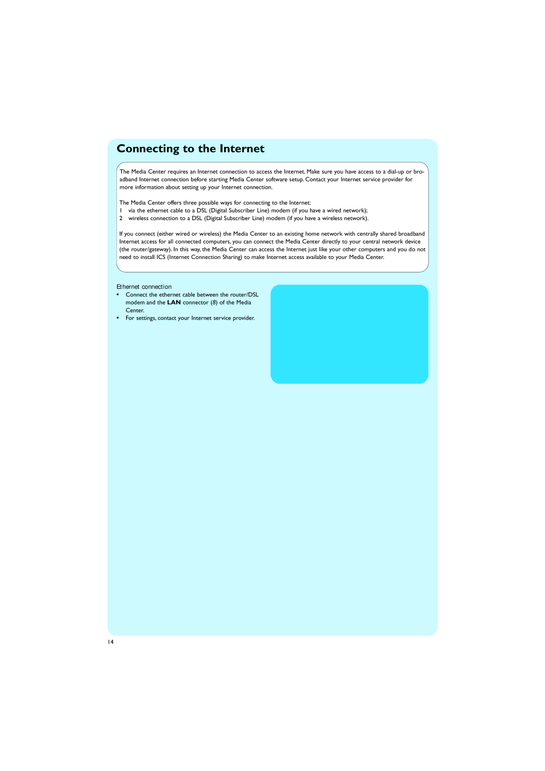 Philips MCP9350I/22 manual Connecting to the Internet, Ethernet LAN, Ethernet connection 