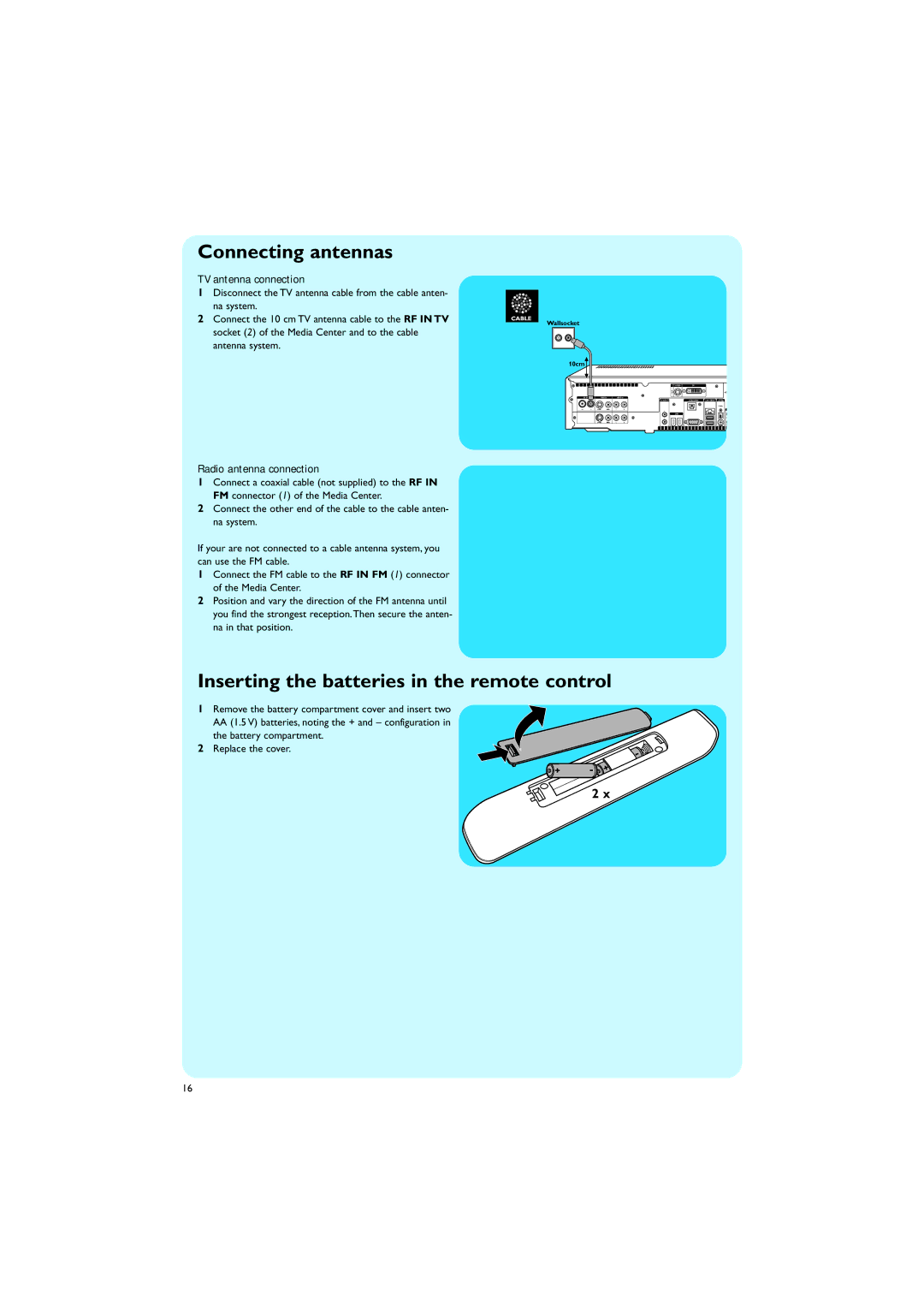 Philips MCP9350I/22 manual Connecting antennas, Inserting the batteries in the remote control, TV antenna connection 