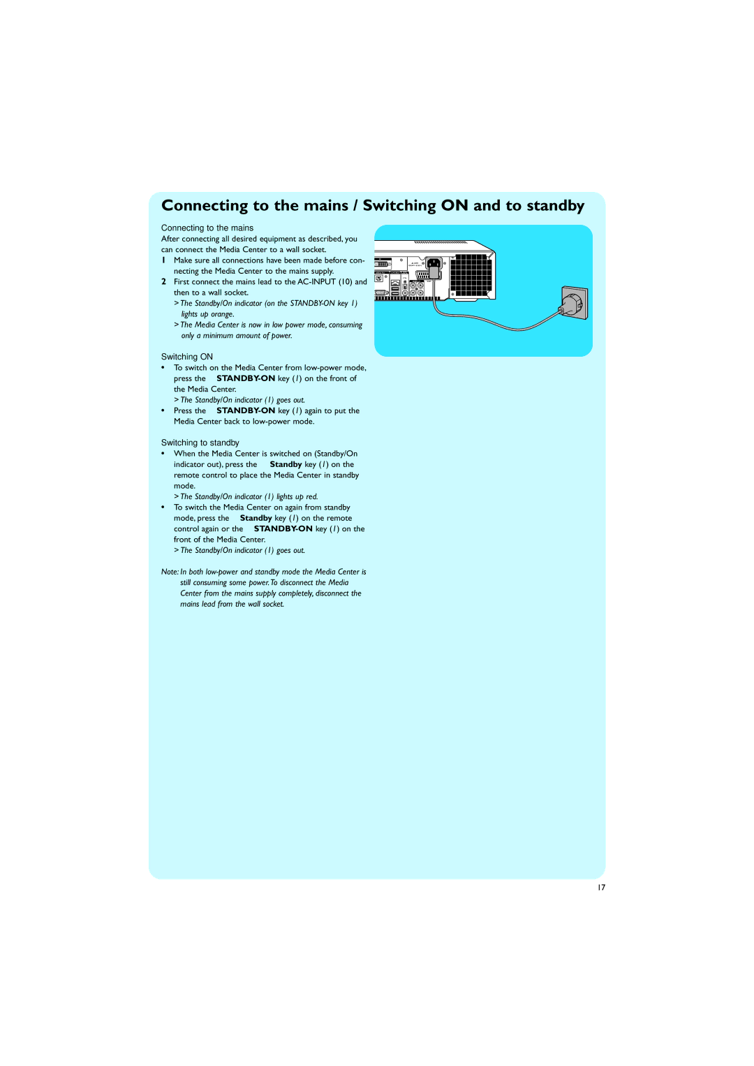 Philips MCP9350I/22 manual Connecting to the mains / Switching on and to standby, Switching to standby 