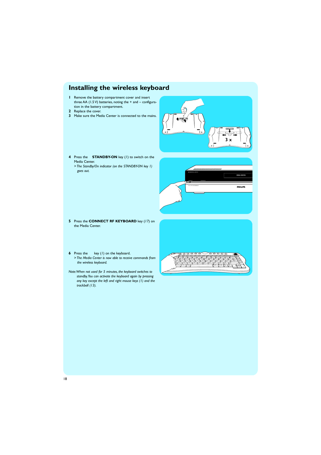 Philips MCP9350I/22 manual Installing the wireless keyboard, Standby/On indicator on the STANDBY-ON key 1 goes out 