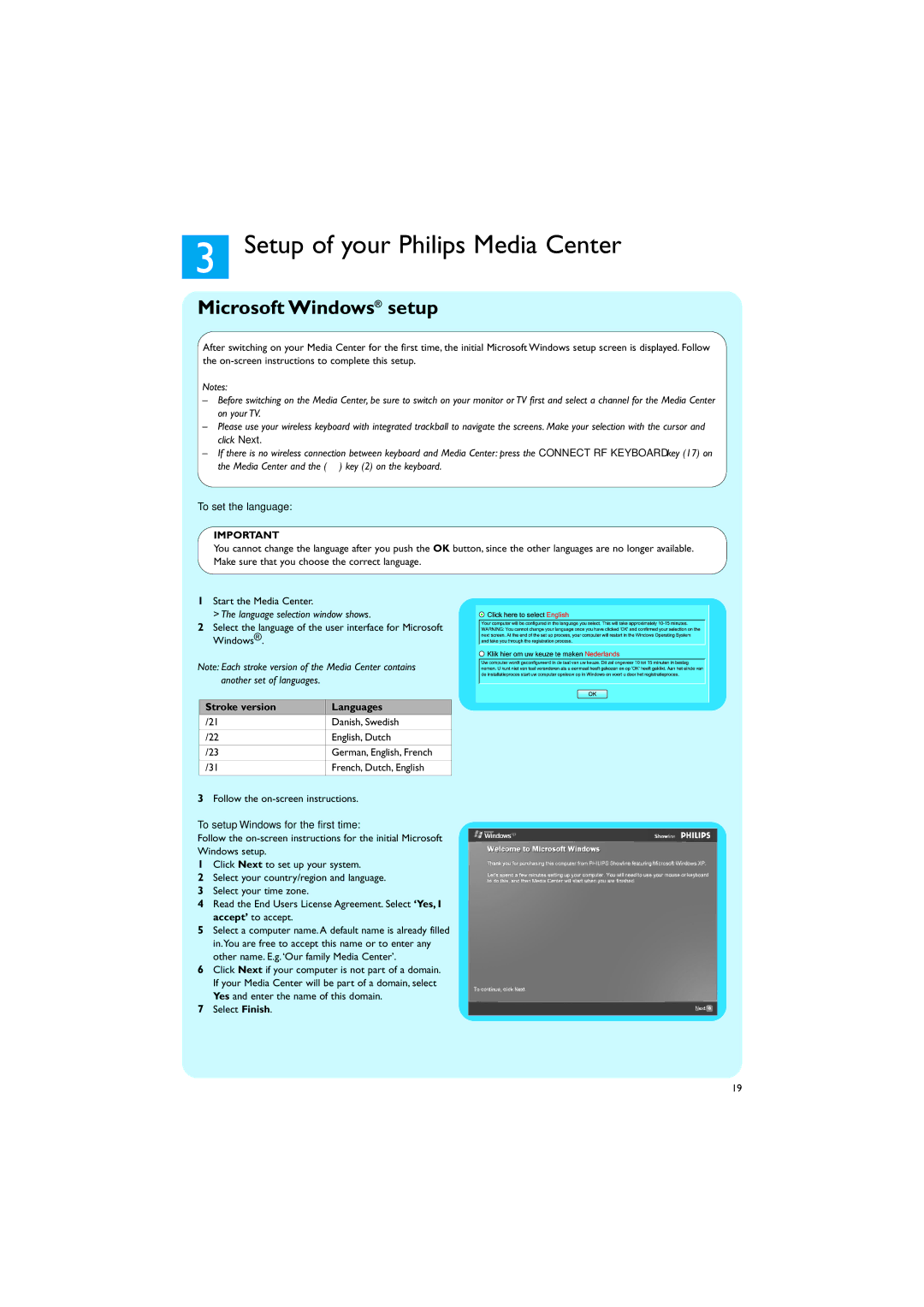 Philips MCP9350I/22 manual Setup of your Philips Media Center, Microsoft Windows setup, To set the language 