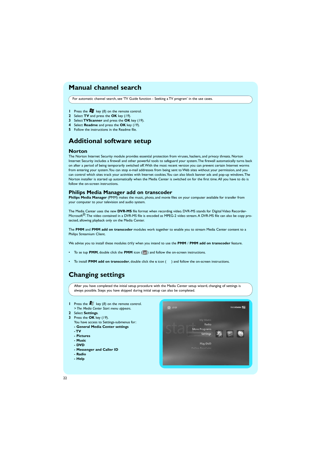 Philips MCP9350I/22 manual Manual channel search, Additional software setup, Changing settings, Norton 