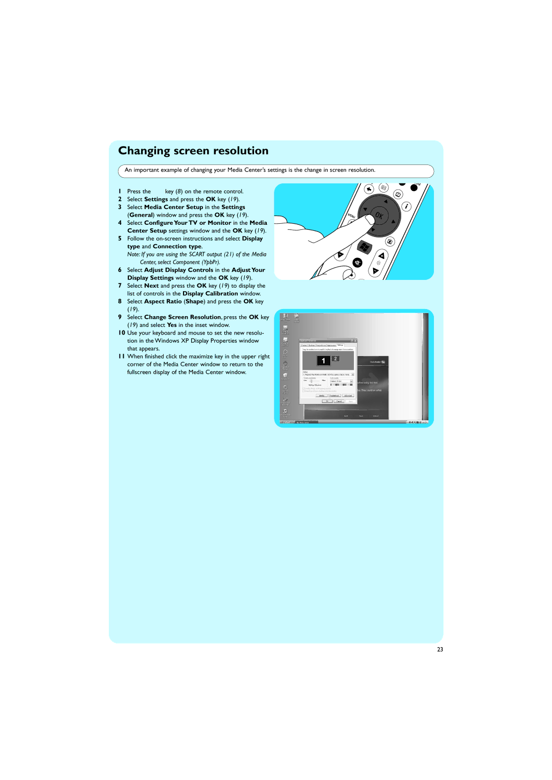 Philips MCP9350I/22 Changing screen resolution, Select Media Center Setup in the Settings, Center, select Component YpbPr 