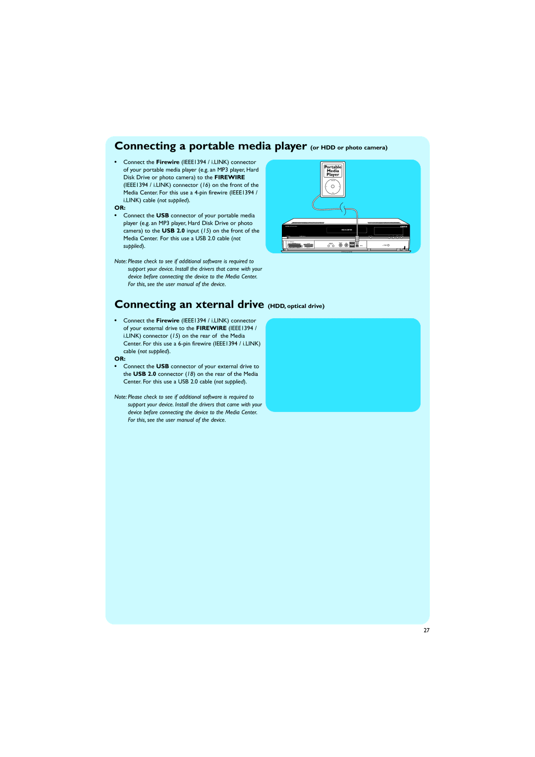 Philips MCP9350I/22 Connecting a portable media player or HDD or photo camera, Connecting an xternal drive, External HD 