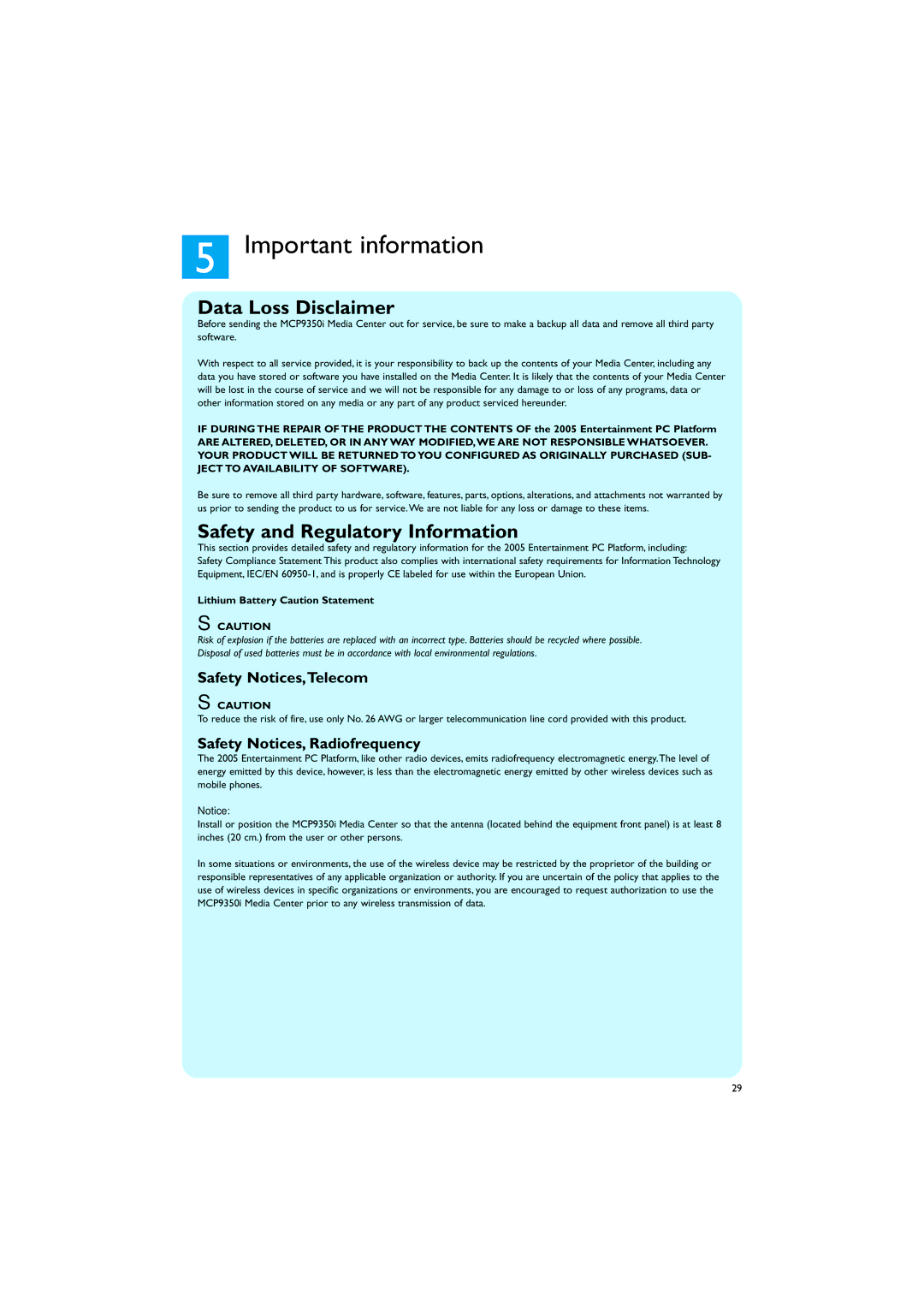 Philips MCP9350I/22 Important information, Data Loss Disclaimer, Safety and Regulatory Information, Safety Notices,Telecom 