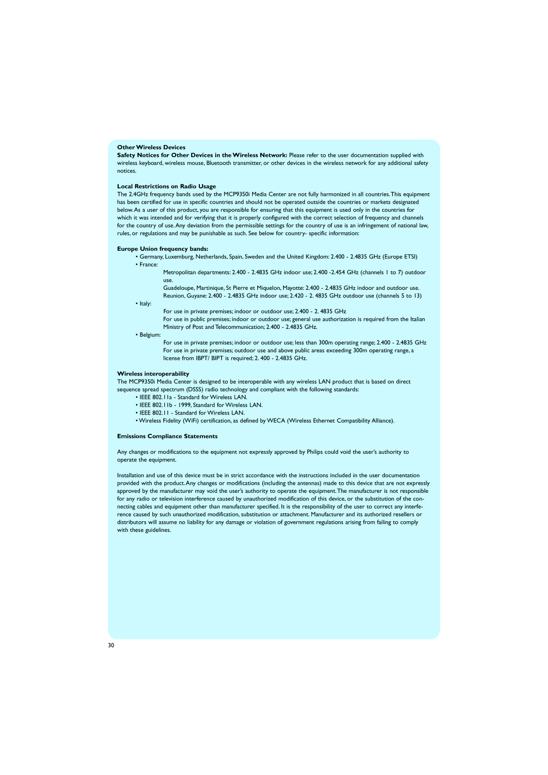 Philips MCP9350I/22 manual Europe Union frequency bands, Wireless interoperability, Emissions Compliance Statements 